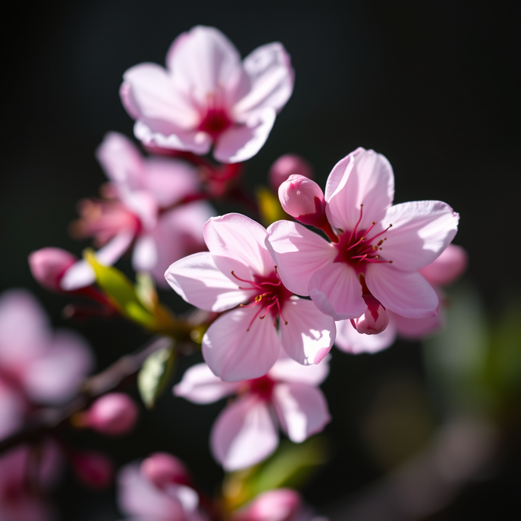 close-up of cherry blossom flowers with soft focus, natural light, f/2.8 aperture, 50mm lens, shallow depth of field, DSLR camera, high dynamic range, dark background for contrast