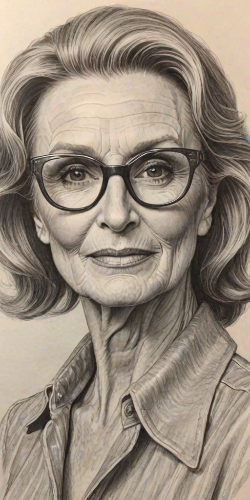 Bewitching Cloris Leachman, pencil sketch, portrait of Radiant woman 1970s in glasses, hair style beatnik, outline, clear lines, fine lines, 8k