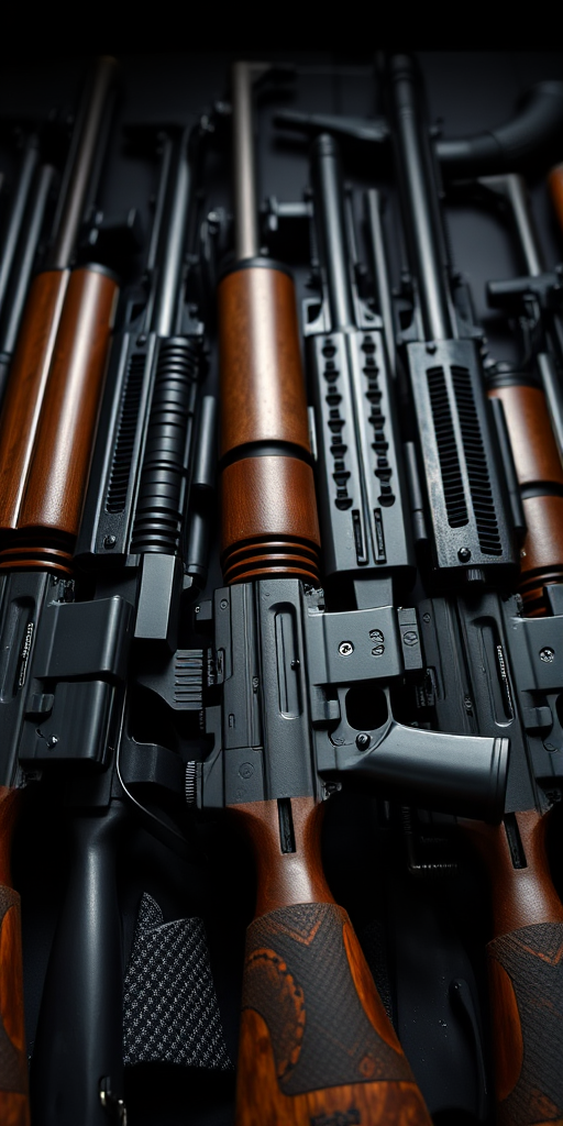 Create a highly detailed, high-resolution image of various assault rifles arranged artistically, shot with a DSLR camera at 50mm, f/2.8 aperture, ISO 100, using overhead lighting for enhanced contrast and clarity.