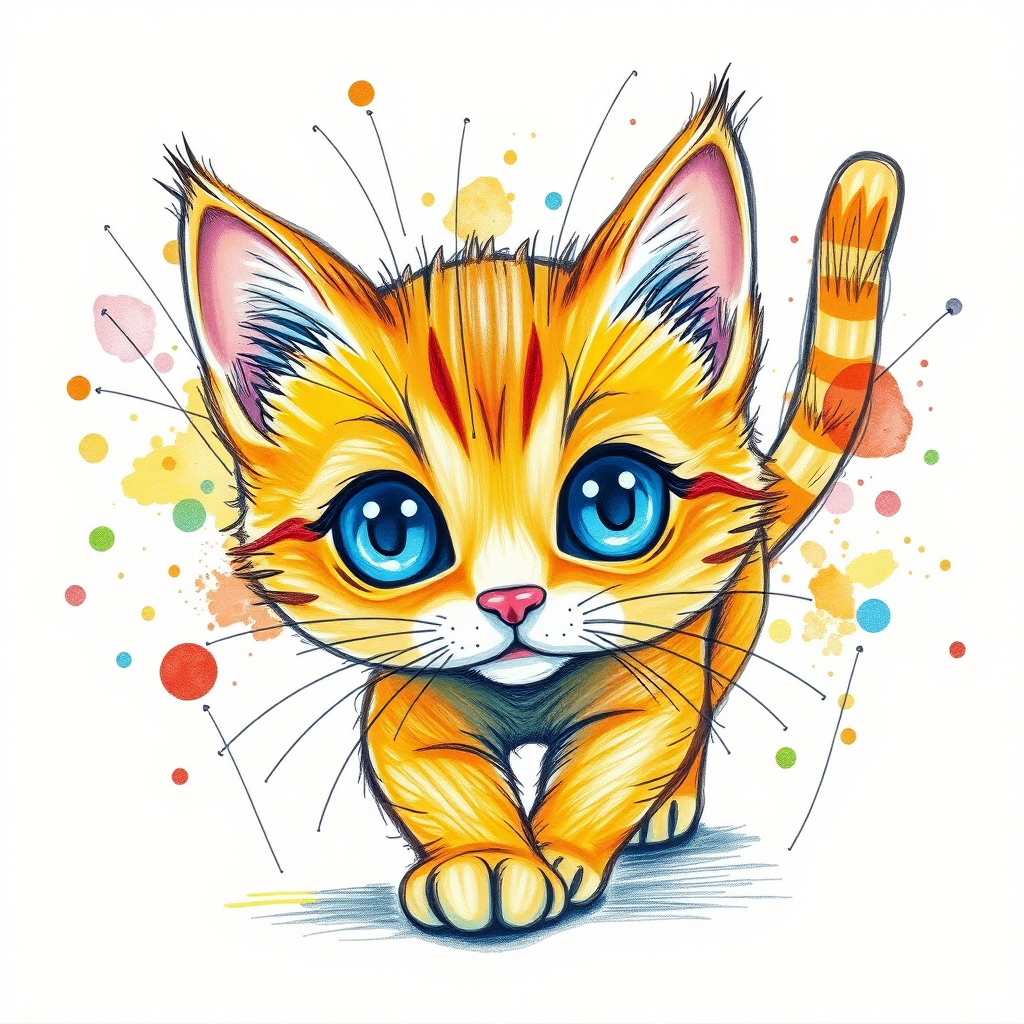 A vibrant childs coloured pencil drawn illustration of a bright orange cat with large, expressive blue eyes, a very cute style. The cat appears to be walking towards the viewer, surrounded by an abstract splash of colors and fine black lines, giving the image a dynamic and artistic flair. The background is a soft beige, highlighting the cat's vivid coloration and playful demeanor. Naively drawn scratchy line style.
