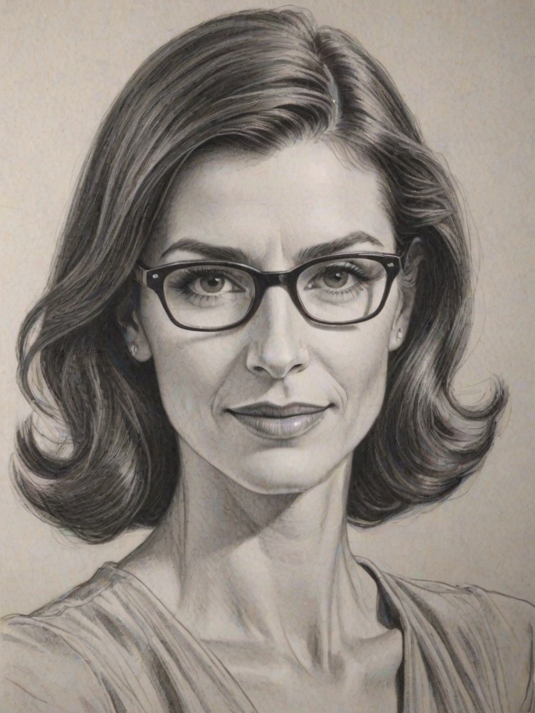 Ravishing Perrey Reeves, pencil sketch, portrait of Bewitching woman 1941s in glasses, hair style beatnik, outline, clear lines, fine lines, 8k