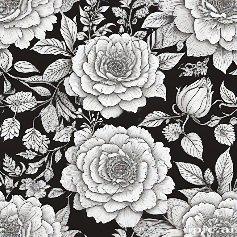 Elegant Black and White Floral Pattern Featuring Lush Roses and Leaves