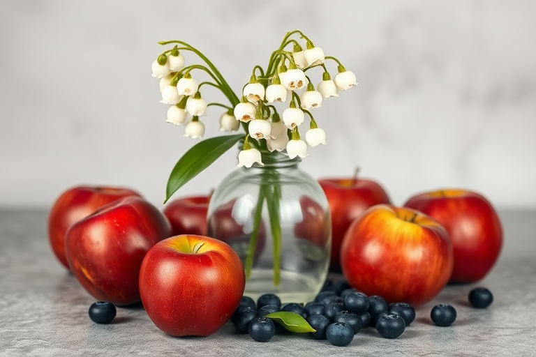Create a still life composition of a vase with lily of the valley flowers surrounded by red apples and blueberries on a textured tabletop, captured with a DSLR camera at f/2.8, ISO 100, 50mm lens, natural light, soft focus for an artistic watercolor effect.