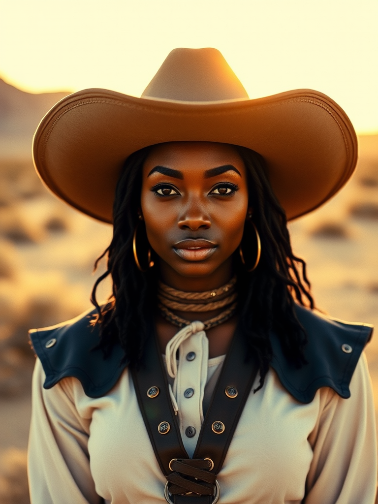 Dramatic photo of a beautiful Afro-Caribbean woman, classic cowboy attire, confident and free spirit expression, half-length portrait, centered, golden hour desert landscape, warm, diffused light, low angle, medium format film camera, in style of Annie Leibovitz.