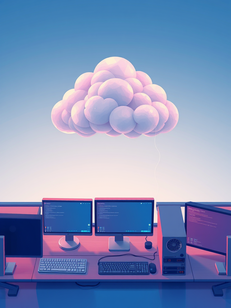 create a digital illustration of computer monitors and a cloud in a modern style, high resolution, 4K quality, ISO 100, aperture f/8, 35mm lens, overhead view, digital art style