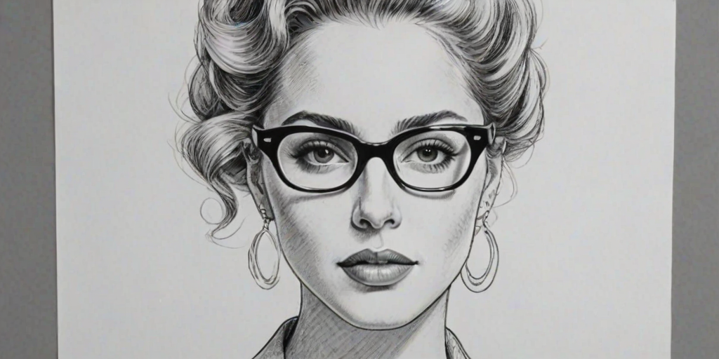 Sublime Elizabeth Berkley, pencil sketch, portrait of Graceful woman 1953s in glasses, hair style beatnik, outline, clear lines, fine lines, 8k