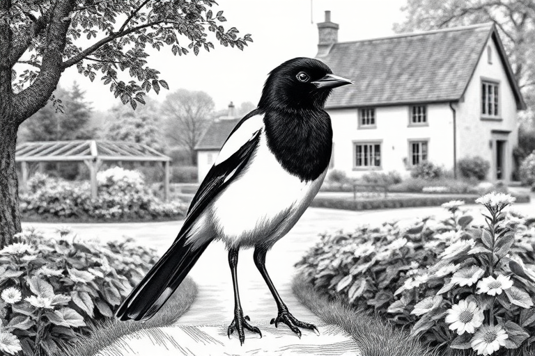 Create a highly detailed black and white illustration of a magpie standing in front of a rural farmhouse and garden, using a vintage etching style with sharp contrasts, set against a blurred background, captured with a DSLR camera at f/8 aperture, ISO 200, and a 50mm lens for optimal focus and clarity.