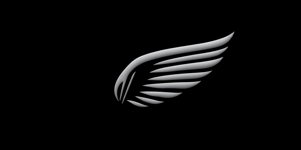 Create a high-resolution image of a stylized wing logo with a sleek design, using a Canon EOS 5D Mark IV, 50mm lens, aperture f/2.8, ISO 100, shot from a frontal view with soft lighting to emphasize the curves and details of the wing.