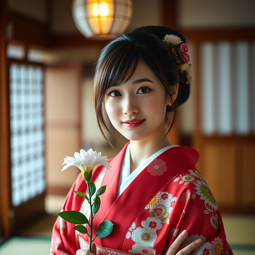 Portrait of a young woman in a traditional kimono holding a flower, captured with a Canon EOS R5, 85mm lens, aperture f/1.8, soft natural lighting, using a bokeh effect with blurred backgrounds of a Japanese room, enhancing colors and details.