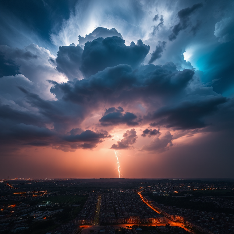 A dramatic view of a massive thunderstorm with a glowing cloud formation illuminated by lightning, over a cityscape at night, captured with a Canon EOS R5, 24mm lens, f/8 aperture, ISO 100, 1/125 sec shutter speed, high dynamic range imaging, aerial perspective.