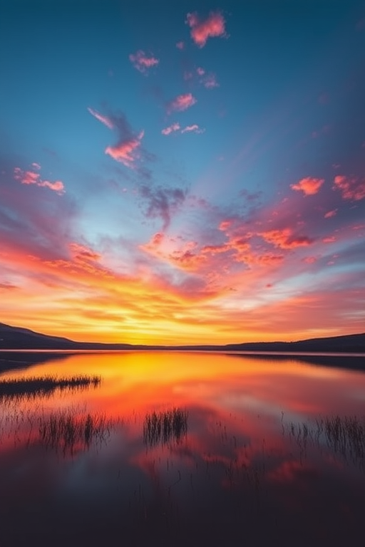 Create a high-resolution image of a serene landscape at sunset, capturing vibrant colors in the sky and reflecting on a calm lake, shot with a Canon EOS R5, with an aperture of f/8, shutter speed of 1/125 sec, ISO 100, using a wide-angle lens at 24mm to capture the vastness of the scene.
