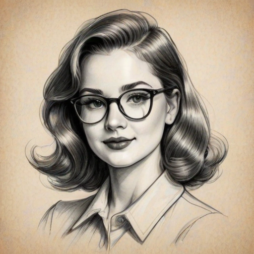 Charming Marshmello, pencil sketch, portrait of Superb woman 1940s in glasses, hair style beatnik, outline, clear lines, fine lines, 8k