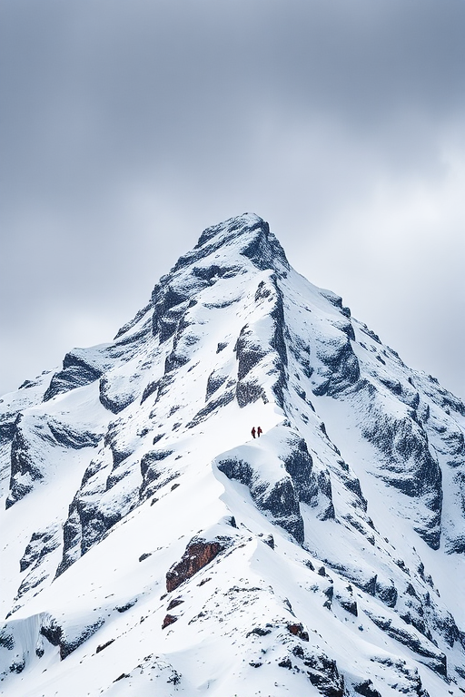 high-resolution image of a snow-covered mountain peak with climbers in the distance, shot with a Canon EOS R5, 24mm lens, aperture f/8, ISO 100, shutter speed 1/2000s, in landscape orientation with a slight tilt downwards to capture both the peak and the climbers, maintaining sharp focus and dynamic range in cloudy weather for enhanced contrast and detail.