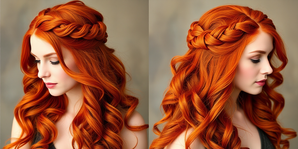 Fiery red mane styled in the "Phoenix Rising" half-up braided crown, long cascading curls reaching waist, bright copper highlights woven throughout, intricate fishtail braid circling head, loose tendrils framing face softly