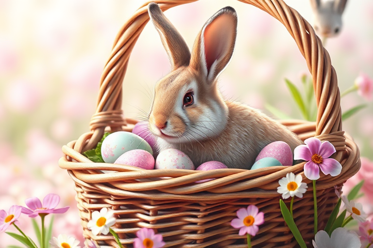 A detailed, colorful illustration of a rabbit sitting in a wicker basket filled with pastel eggs and spring flowers in a soft, bright environment, captured with a DSLR camera at f/2.8 aperture, ISO 100, 50mm lens, with natural lighting and a shallow depth of field to create a soft background blur for enhanced focus on the rabbit and basket.