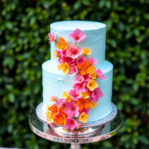 Create an image of a two-tiered cake with a light blue frosting. The cake should be adorned with colorful, delicate flowers in shades of pink, orange, and yellow, cascading down the sides. It should be displayed on a shiny silver cake stand, set against a lush green background.