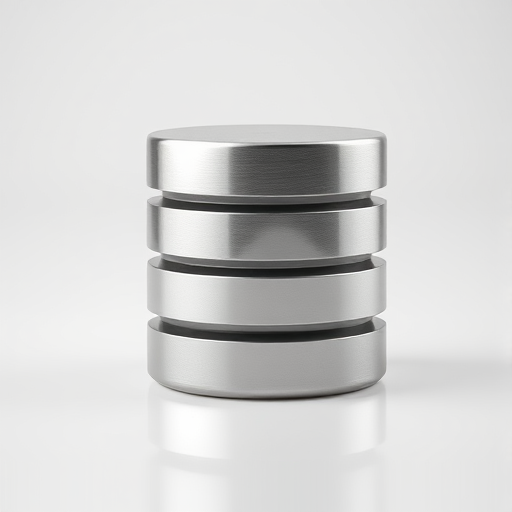 Create a 3D illustration of a metallic cylindrical database icon, use a Canon EOS 5D Mark IV camera with a 50mm f/1.8 lens, set aperture to f/8, ISO 100, and shutter speed 1/125s, in a studio setting with softbox lighting to enhance reflections and textures.