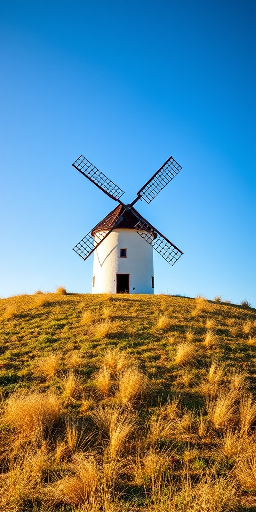 A picturesque windmill on a grassy hill under a blue sky, captured with a DSLR camera, 50mm lens, aperture f/8, shutter speed 1/250s, ISO 200, with a slightly low angle view to emphasize the height of the windmill and the surrounding landscape.
