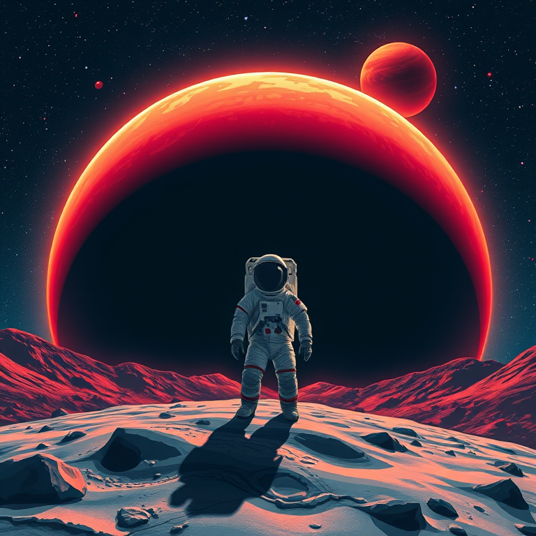 astronaut standing on a moon-like surface with a red planet in the background, starry night sky, colorful illustration, camera settings: f/8, ISO 100, shutter speed 1/125, camera view: wide-angle, camera style: digital art, camera type: DSLR