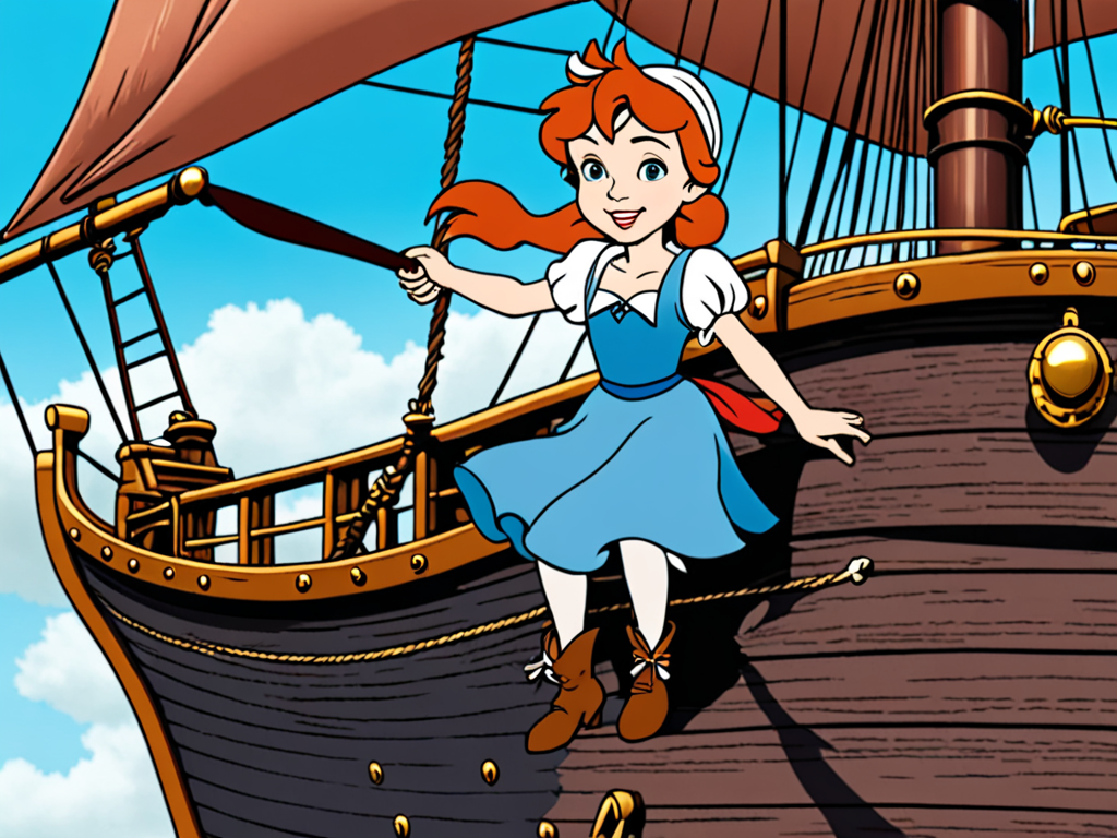 Wendy Darling fron cartoon Peter Pan on a pirate ship