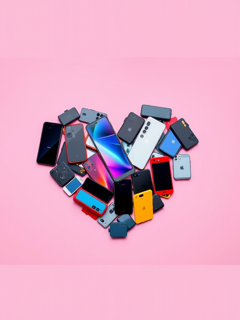 Create a high-resolution digital artwork of a heart shape filled with various smartphone designs, using a DSLR camera with a 50mm lens, aperture f/1.8, ISO 100, and 1/200 sec shutter speed, focused on capturing vivid details and vibrant colors in a flat lay style.