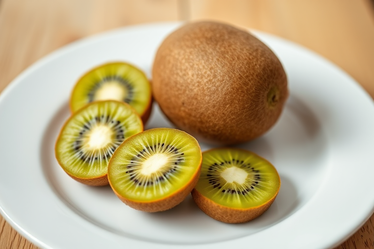 Kiwi fruit on a white plate with one whole kiwi and two sliced pieces, captured using a Canon EOS 5D Mark IV, 50mm lens, f/2.8, ISO 100, natural light, shallow depth of field, macro photography.