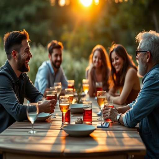 Table setting with friends laughing and enjoying drinks in a natural setting, soft focus on background, golden hour lighting, shallow depth of field, 50mm lens, f/1.8, ISO 200, 1/100s, DSLR camera.