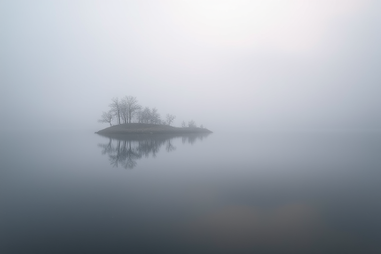 a serene foggy lake landscape with a small island and trees reflected in the still water, early morning light, shot with a DSLR camera at f/8, ISO 100, 24mm lens, using a wide-angle view, high dynamic range for enhanced detail and contrast