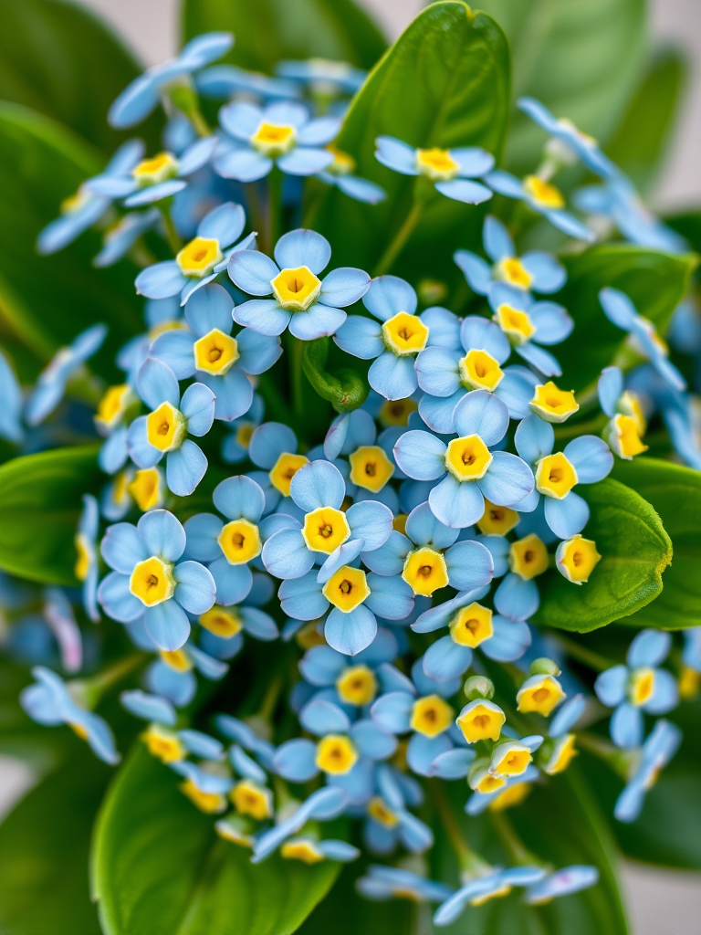 Create a high-resolution image of a bouquet of delicate blue forget-me-not flowers with yellow centers, arranged artistically with lush green leaves, taken with a DSLR camera, 50mm lens at f/2.8, ISO 100, and soft natural light for enhanced color vibrancy and detail.
