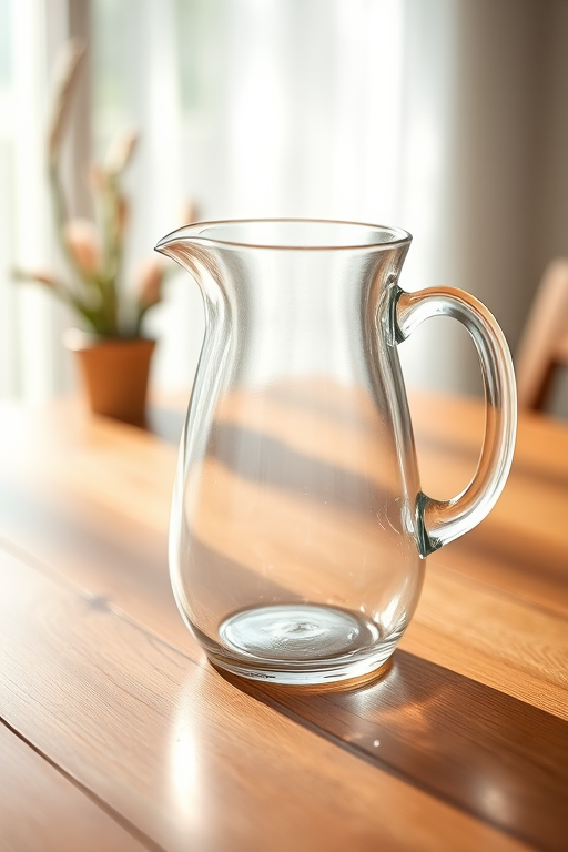 Generate a high-resolution image of a glass pitcher on a wooden table with soft natural lighting, 50mm lens, aperture f/2.8, ISO 100, shallow depth of field, DSLR camera.