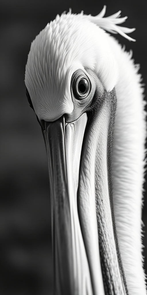 close-up of a pelican's head in black and white, shallow depth of field, 85mm lens, f/1.8 aperture, ISO 100, soft natural light, macro photography, DSLR camera