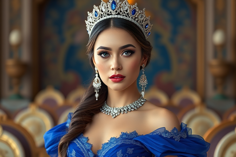 A gorgeous Kyrgyz woman in a luxurious blue gown, accessorized with a dazzling tiara and statement earrings, her deep blue eyes highlighted by impeccable makeup, poised in a royal setting, photorealistic, 8K quality