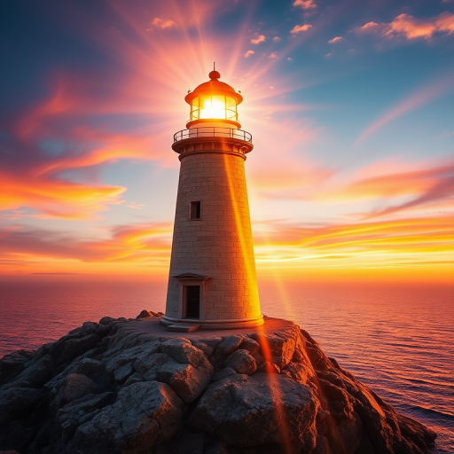 Generate an image of a tall lighthouse perched on a rocky outcrop surrounded by calm ocean waters during a breathtaking sunset. The lighthouse stands sturdy and weathered, its stone surface illuminated by the warm golden light of the setting sun. The sun's rays pass directly through the glass lantern room at the top of the lighthouse, casting a brilliant light across the scene. The sky is painted with vibrant shades of orange, pink, and purple, reflecting off the tranquil sea. The surrounding water shimmers with the same warm hues, creating a serene and majestic atmosphere.