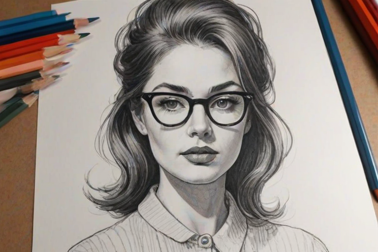 Captivating Lilith Czar, pencil sketch, portrait of Fascinating woman 1962s in glasses, hair style beatnik, outline, clear lines, fine lines, 8k