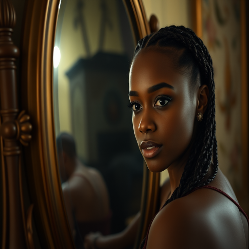 portrait of a woman with braided hair looking into a vintage mirror, low light setting, 85mm lens, f/1.8 aperture, ISO 200, shallow depth of field, Canon EOS R5, soft focus background, dramatic lighting