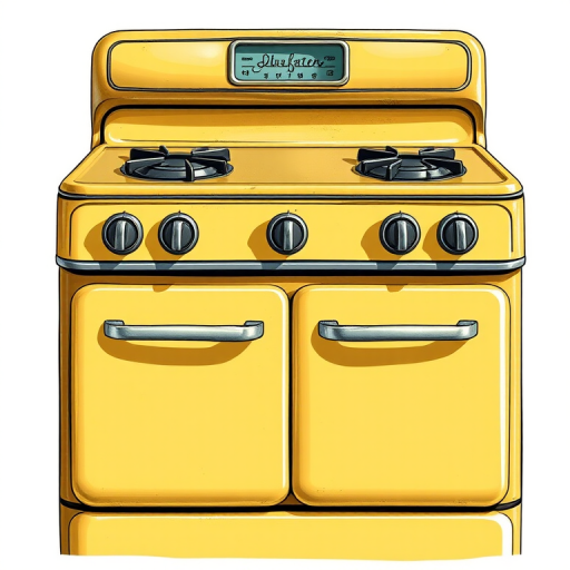 create a detailed illustration of a vintage yellow gas stove with four burners, front view, high resolution, natural lighting, DSLR camera, f/8 aperture, 1/60 sec shutter speed, ISO 200, focus on texture and color vibrancy