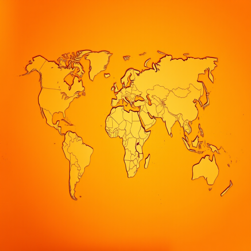 Create a detailed outline of a world map on an orange gradient background, shot with a DSLR camera at f/8, ISO 100, 50mm lens, with a top-down view and high dynamic range to enhance clarity and color vibrancy.