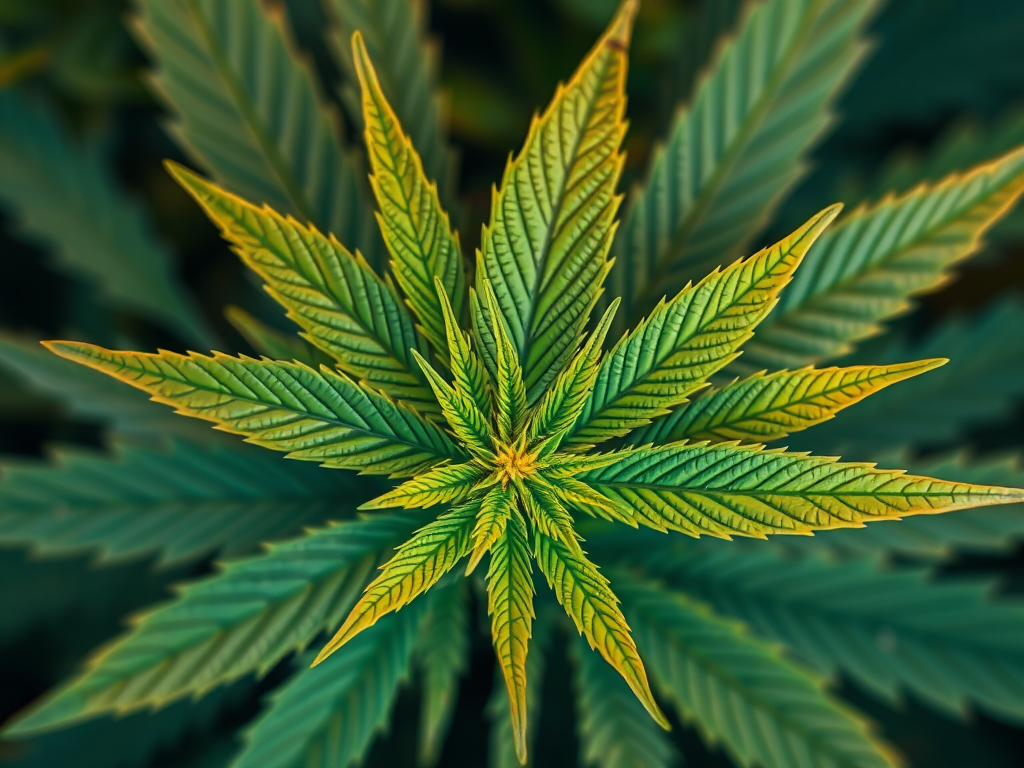 Create a highly detailed illustration of a cannabis leaf composed of smaller leaves, using a macro lens at f/2.8, ISO 100, 1/100 sec, captured in high resolution with a DSLR camera, top-down view, vibrant colors and sharp contrasts for enhanced image quality.