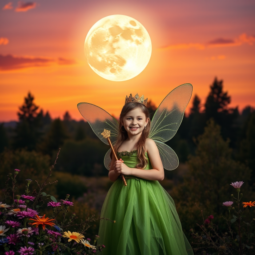 A vivid photo  taken under a bright camera flash of a fantastical scene set against a backdrop of a forest during sunset. The main subject is a girl dressed as a fairy, adorned with translucent wings and a green dress, holding a wand, her face is happy, and she wears a crown on her head. The forest behind her is a blend of flowers, shrubs and trees. The sky is painted in hues of orange and pink, with a large, glowing moon casting a warm glow over the scene. The overall color palette is dominated by earthy tones.