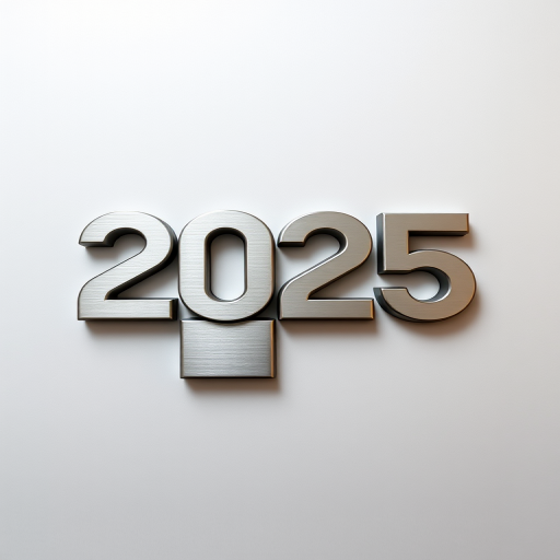 Create a high-resolution image of a modern, metallic logo design featuring the numbers 2025 and a square with four sections, shot with a DSLR camera at f/2.8 aperture, ISO 100, 50mm lens, natural lighting, and a slightly angled top-down view to enhance depth and texture.