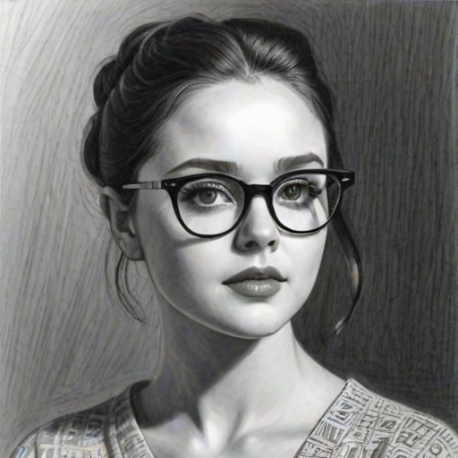 Exquisite Madison Davenport, pencil sketch, portrait of Fascinating woman 1955s in glasses, hair style beatnik, outline, clear lines, fine lines, 8k