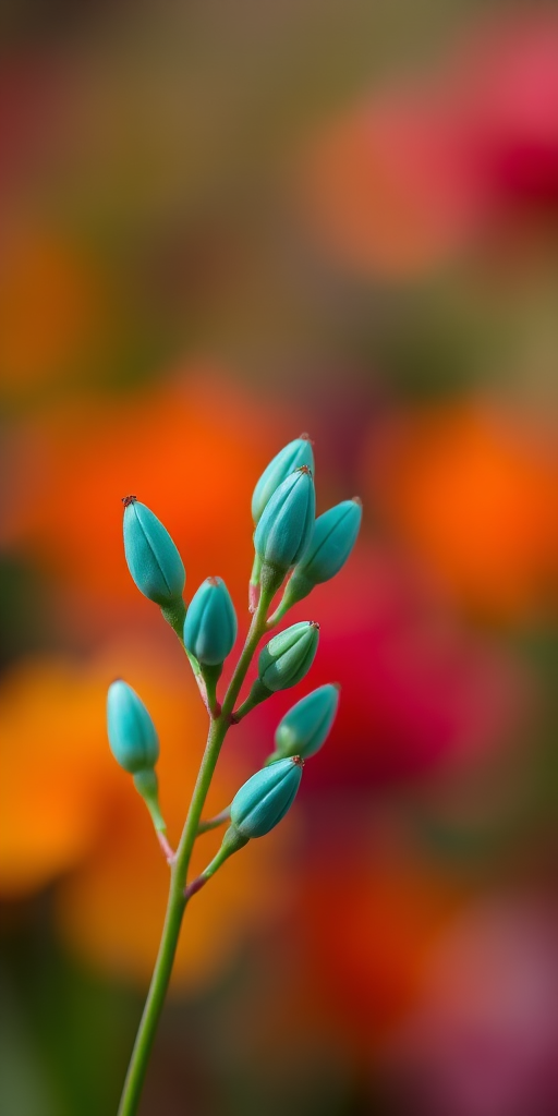 macro shot of turquoise flower buds against a blurred colorful background, aperture f/2.8, shutter speed 1/200s, ISO 100, 50mm lens, natural light, DSLR camera