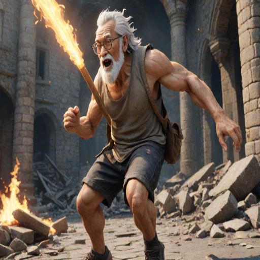 Cartoon 3D High-Resolution,dynamic battle scene using Unreal Engine 5 and Octane Render. The scene features back of an elderly, thai man with a beard,messy hair and round golden-rimmed glasses. He is wearing a tattered tank top with soot marks, shorts, and sandals. sweating. he wields a baseball bat. He jump to fight with a white fire-breathing Europe dragon amidst a partially destroyed stone castle. Include intense flames, smoke, and debris to enhance the dramatic effect.