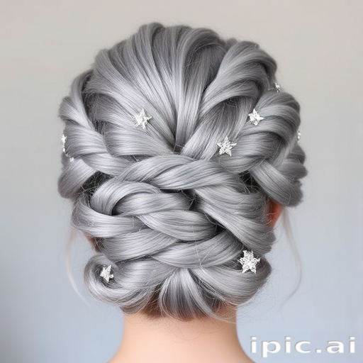 Silvery gray hair artfully arranged in an intricate updo featuring twisting braids and shimmering, star-shaped accessories, capturing the essence of the "Celestial Crown" style