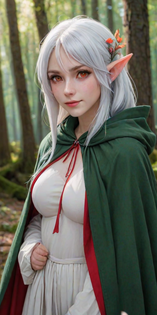 1girl, pointy ears, solo, red eyes, smile, elf, looking at viewer, white hair, petals, long hair, upper body, outdoors, cloak, forest, hood, blush, nature, hooded cloak, cape, shirt, hood down, parted lips, looking back, day, bangs, large breasts,