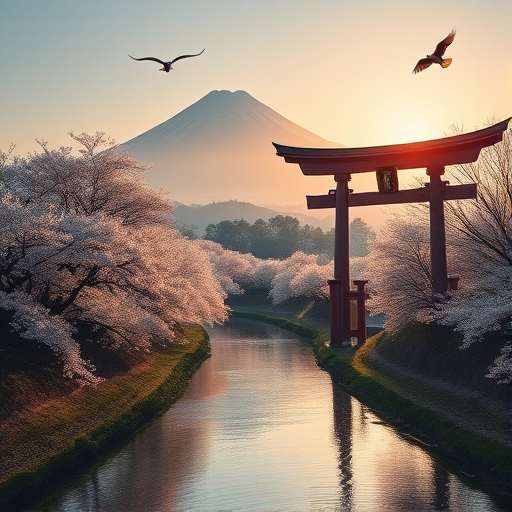 Create a serene landscape featuring a river winding through a tranquil scene with cherry blossom trees, a torii gate in the foreground, a majestic mountain in the background, a rising sun in the sky, and a bird in flight, captured with a Canon EOS 5D Mark IV, 50mm lens, f/1.8 aperture, at ISO 100, with a shallow depth of field and soft focus for an artistic effect.