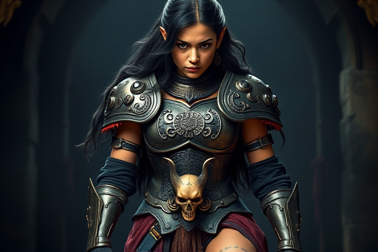 Create a photo of a fierce Micronesian female warrior with long black hair, wearing an ornate, metallic armor. The armor includes a breastplate with intricate designs, shoulder guards, and gauntlets. The breastplate is decorated with a central emblem, possibly representing a mythical symbol, and has a sculpted, form-fitting design. She wears a belt with a large skull ornament at the center, and her armor extends into a partial skirt, revealing one leg. The overall look is both protective and stylish, with a dark, gothic aesthetic. The background is dimly lit, suggesting a medieval or fantasy setting, enhancing the warrior's imposing presence and intense expression.