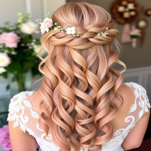 Romantic rose gold ringlets called "Blush Blossom" cascade elegantly down the back, interwoven with delicate floral accessories and subtle champagne-colored lowlights