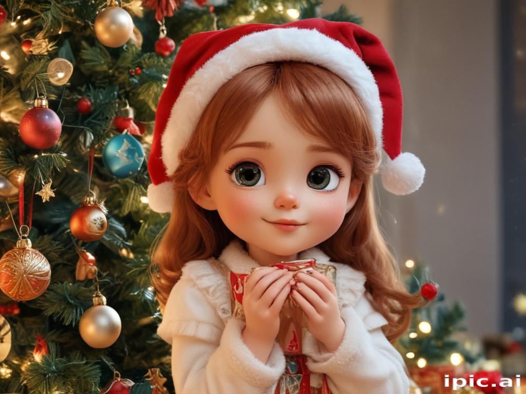 Adorable Child in Santa Hat Smiling by Festive Christmas Tree Decorations