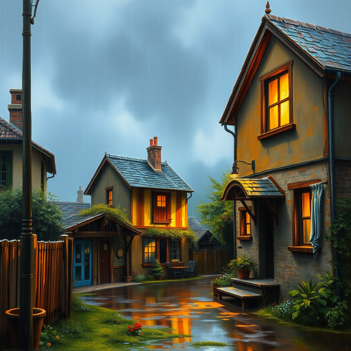 rainy day house painting, fine art painting, fantasy art, 4K, 3D, HDRi, detailed oil painting, high definition art, expressive rustic oil painting, foggy alley, soft focus